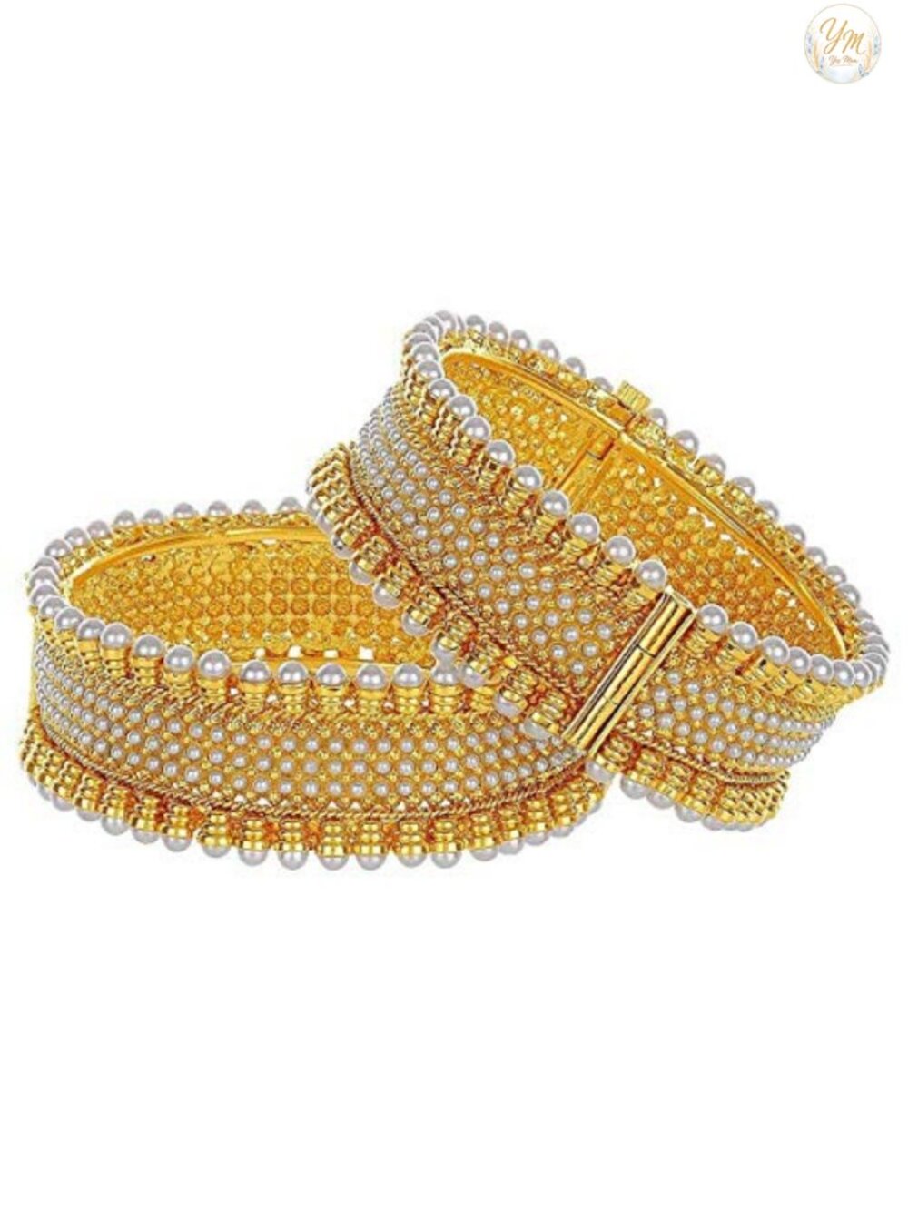 Indian Bridal Faux Pearl Bangle Set 2pc Gold Plated Hinge Closure Cuff Bracelet